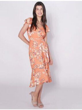 PARKER & ROWE BEAUTIFUL CORAL FLORAL FRONT WRAP DRESS, SZ. L
